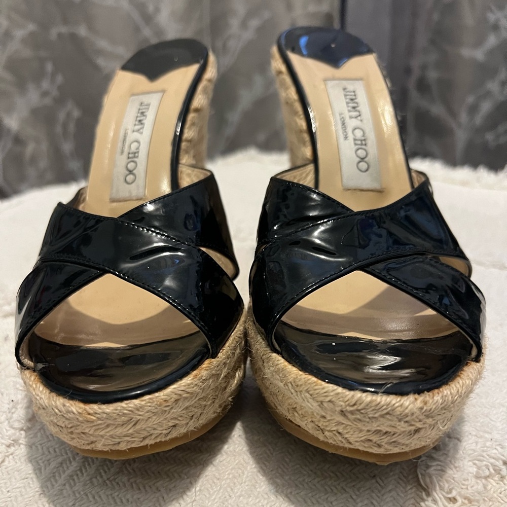 Jimmy Choo black patent Phyllis espadrilles size 38.